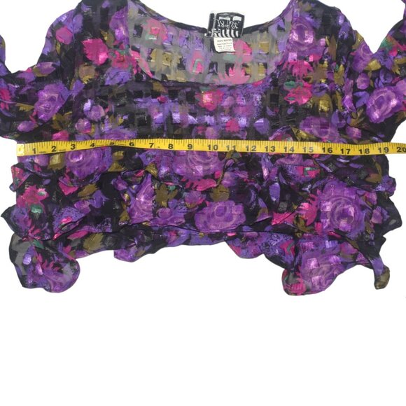 Vintage 90s Sheer Ruffle Floral Crop Top Long Sleeves L - Picture 7 of 8